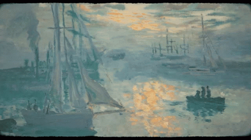 A Painting Of Boats In A Harbor With A Sunset Behind Them GIF