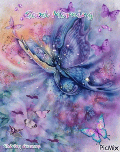 A Painting Of Butterflies With The Words Good Morning GIF