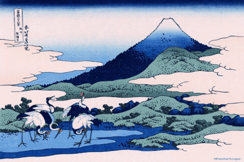 A Painting Of Cranes Standing In Front Of A Mountain And A River GIF