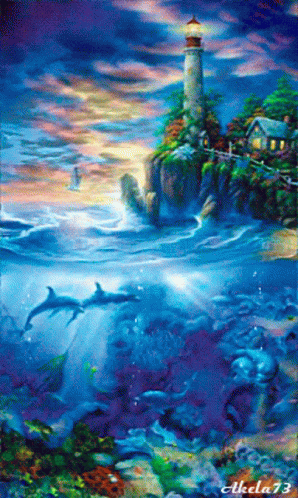 A Painting Of Dolphins And A Lighthouse With The Name Akela 73 On The Bottom GIF