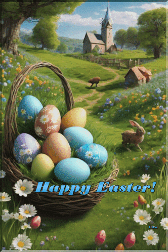 A Painting Of Easter Eggs In A Basket With The Words Happy Easter On The Bottom GIF