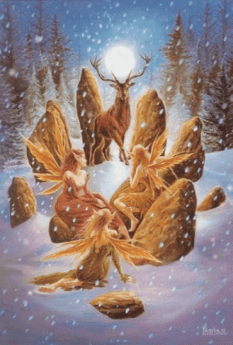 A Painting Of Fairies And A Deer With The Name Brine On The Bottom GIF
