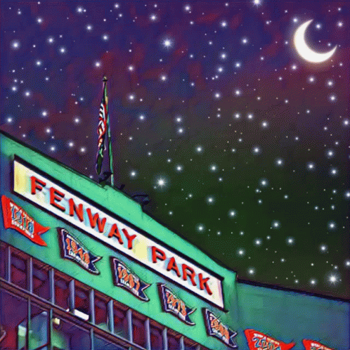 A Painting Of Fenway Park At Night With A Crescent Moon In The Background GIF