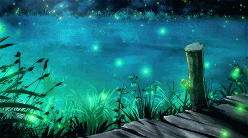 A Painting Of Fireflies Flying Over A Lake With A Wooden Dock In The Foreground GIF
