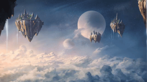 A Painting Of Floating Islands In The Sky With A Planet In The Background GIF