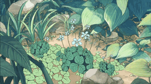 A Painting Of Flowers And Leaves In A Jungle GIF