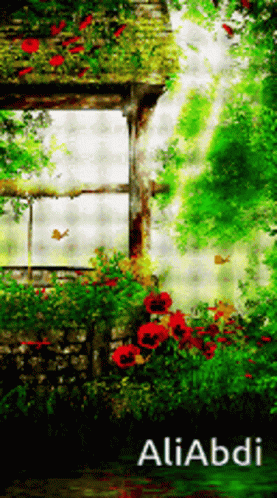 A Painting Of Flowers And Trees With The Name Aliabdi On The Bottom GIF