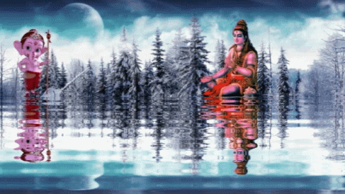 A Painting Of Ganesha And Shiva Sitting In A Lake GIF