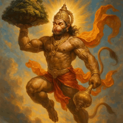 A Painting Of Hanuman Holding A Tree And A Hammer GIF