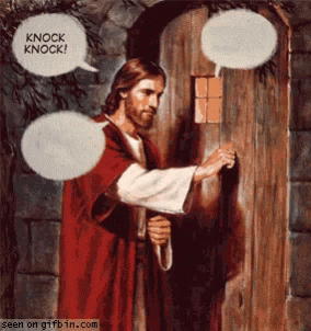 A Painting Of Jesus Knocking On A Door With Speech Bubbles Saying " Knock Knock " GIF