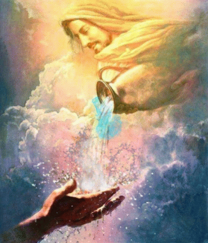 A Painting Of Jesus Pouring Water From A Pitcher Into A Hand GIF