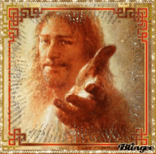 A Painting Of Jesus Reaching Out Towards The Viewer GIF