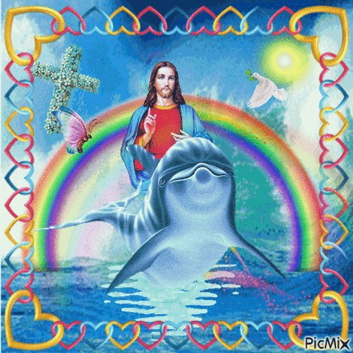 A Painting Of Jesus Riding A Dolphin With A Rainbow In The Background GIF