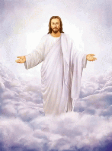A Painting Of Jesus Standing In The Clouds GIF