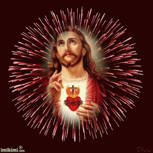 A Painting Of Jesus Surrounded By Fireworks With The Website Imikimi.com In The Corner GIF