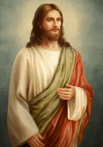 A Painting Of Jesus Wearing A White Robe And A Green And Red Robe GIF