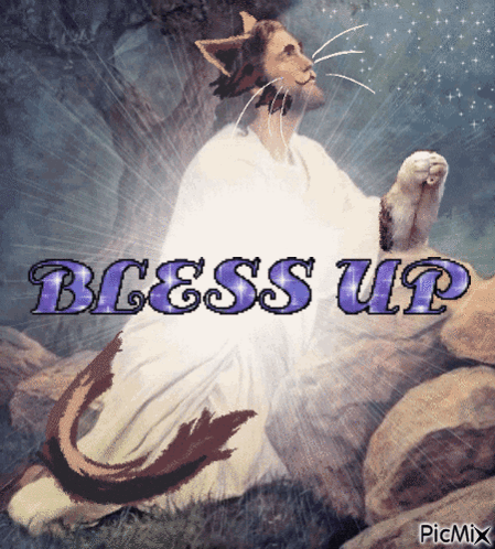 A Painting Of Jesus With A Cat 'S Tail And The Words Bless Up Above Him GIF