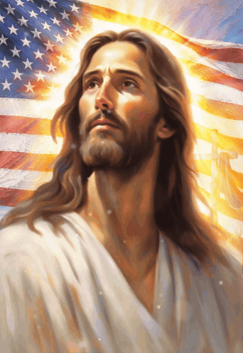 A Painting Of Jesus With The American Flag Behind Him GIF