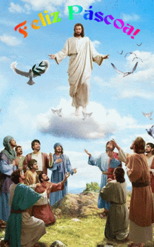 A Painting Of Jesus With The Words Feliz Pascoa On The Top GIF