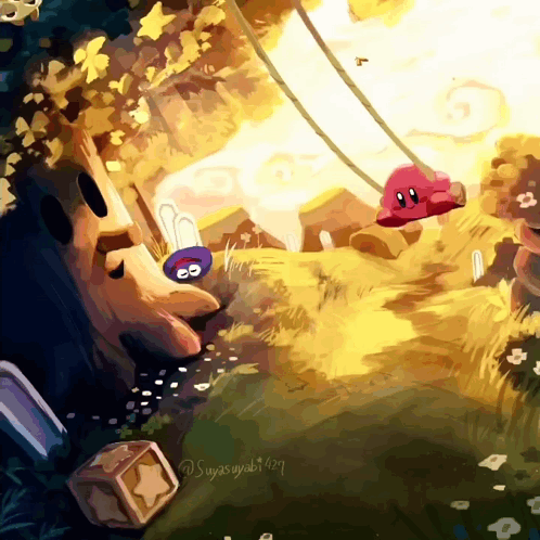 A Painting Of Kirby Swinging On A Rope With A Cube In The Background GIF