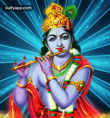 A Painting Of Krishna Playing A Flute With Kulfyapp.com In The Upper Right Corner GIF