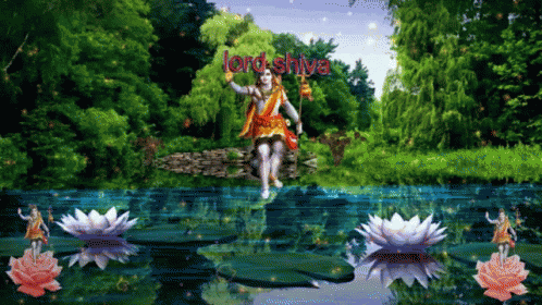 A Painting Of Lord Shiva In A Pond With Lotus Flowers GIF