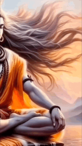 A Painting Of Lord Shiva Sitting In A Lotus Position With His Hair Blowing In The Wind GIF