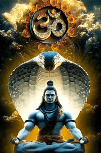 A Painting Of Lord Shiva With A Snake Behind Him And An Om Symbol GIF