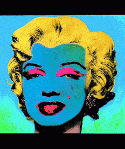 A Painting Of Marilyn Monroe With A Blue Face And Yellow Hair GIF
