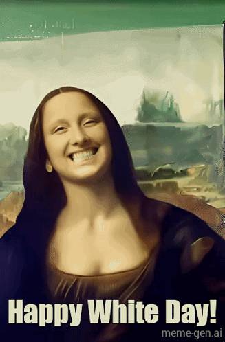 a painting of mona lisa with the words happy white day
