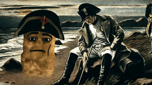 A Painting Of Napoleon Sitting On A Rock Next To A Potato With A Sad Face On It GIF
