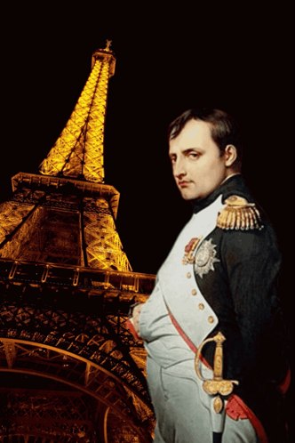 A Painting Of Napoleon Standing In Front Of The Eiffel Tower With The Words Bonne N On The Bottom GIF