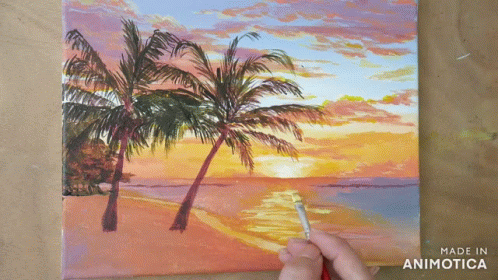 A Painting Of Palm Trees On A Beach With The Words Made In Animotica Below It GIF