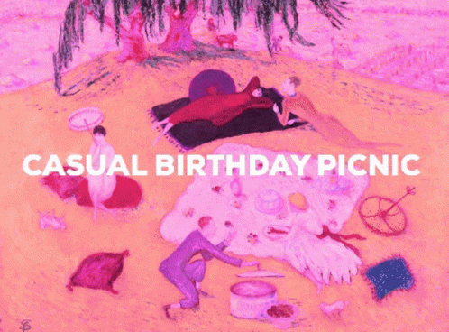 A Painting Of People Having A Picnic With The Words Casual Birthday Picnic GIF