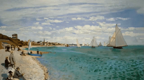 A Painting Of People On A Beach With Boats In The Background GIF