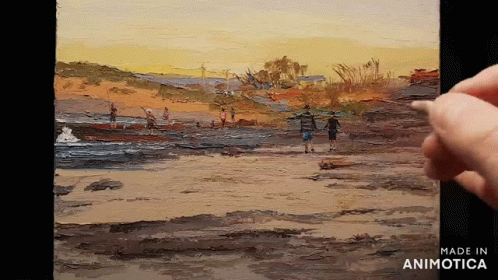 a painting of people walking on a beach is made in animatica