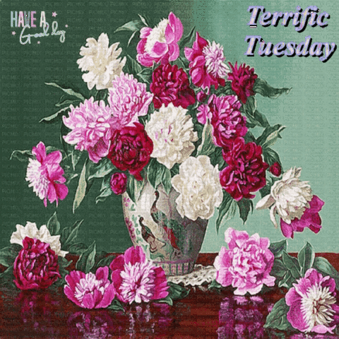A Painting Of Pink And White Flowers In A Vase With The Words Have A Great Day Terrific Tuesday GIF