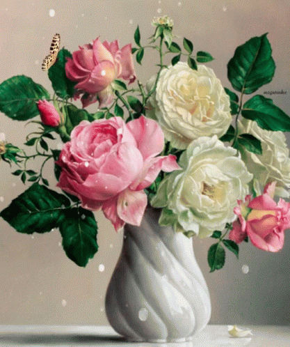 A Painting Of Pink And White Roses In A White Vase With A Butterfly GIF