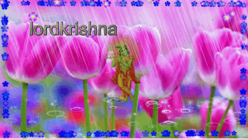 A Painting Of Pink Flowers With The Words Lordkrishna On The Bottom GIF