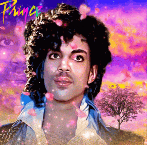 A Painting Of Prince With Pink Petals On His Head GIF