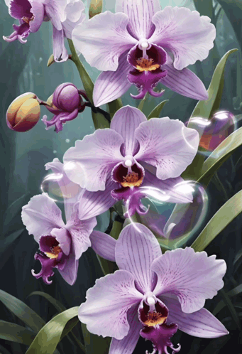 A Painting Of Purple Orchids With Bubbles Coming Out Of Them GIF