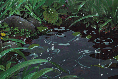 A Painting Of Rain Drops Falling Into A Pond Surrounded By Plants GIF