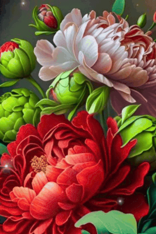A Painting Of Red And White Flowers With Green Leaves And Buds GIF