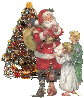 a painting of santa claus giving a letter to two children