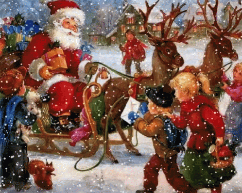 A Painting Of Santa Claus In A Sleigh With Reindeer Pulling It GIF