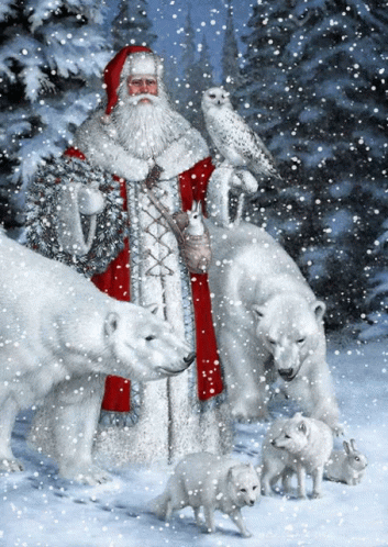 A Painting Of Santa Surrounded By Polar Bears And Wolves GIF