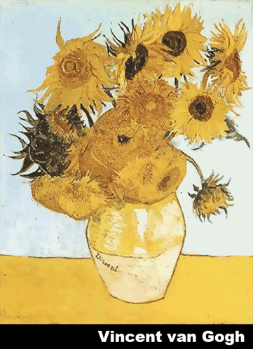 A Painting Of Sunflowers By Vincent Van Gogh Is On A Yellow Background GIF