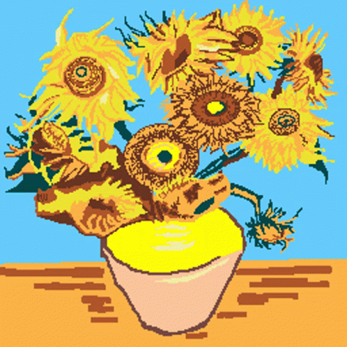 A Painting Of Sunflowers In A Vase With A Blue Background GIF