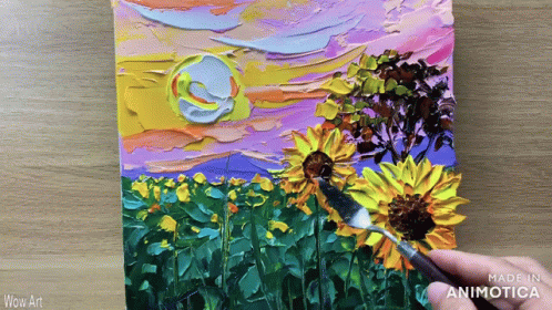 A Painting Of Sunflowers With The Words Wow Art Below It GIF