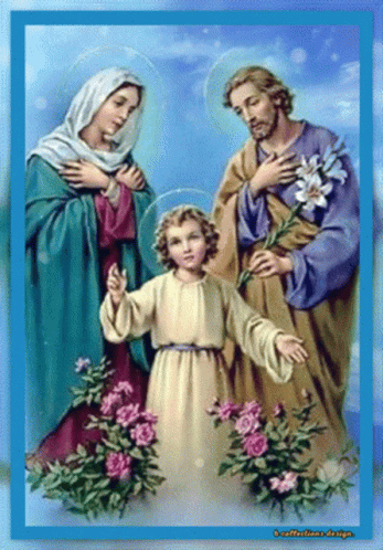 A Painting Of The Holy Family With A Blue Frame GIF